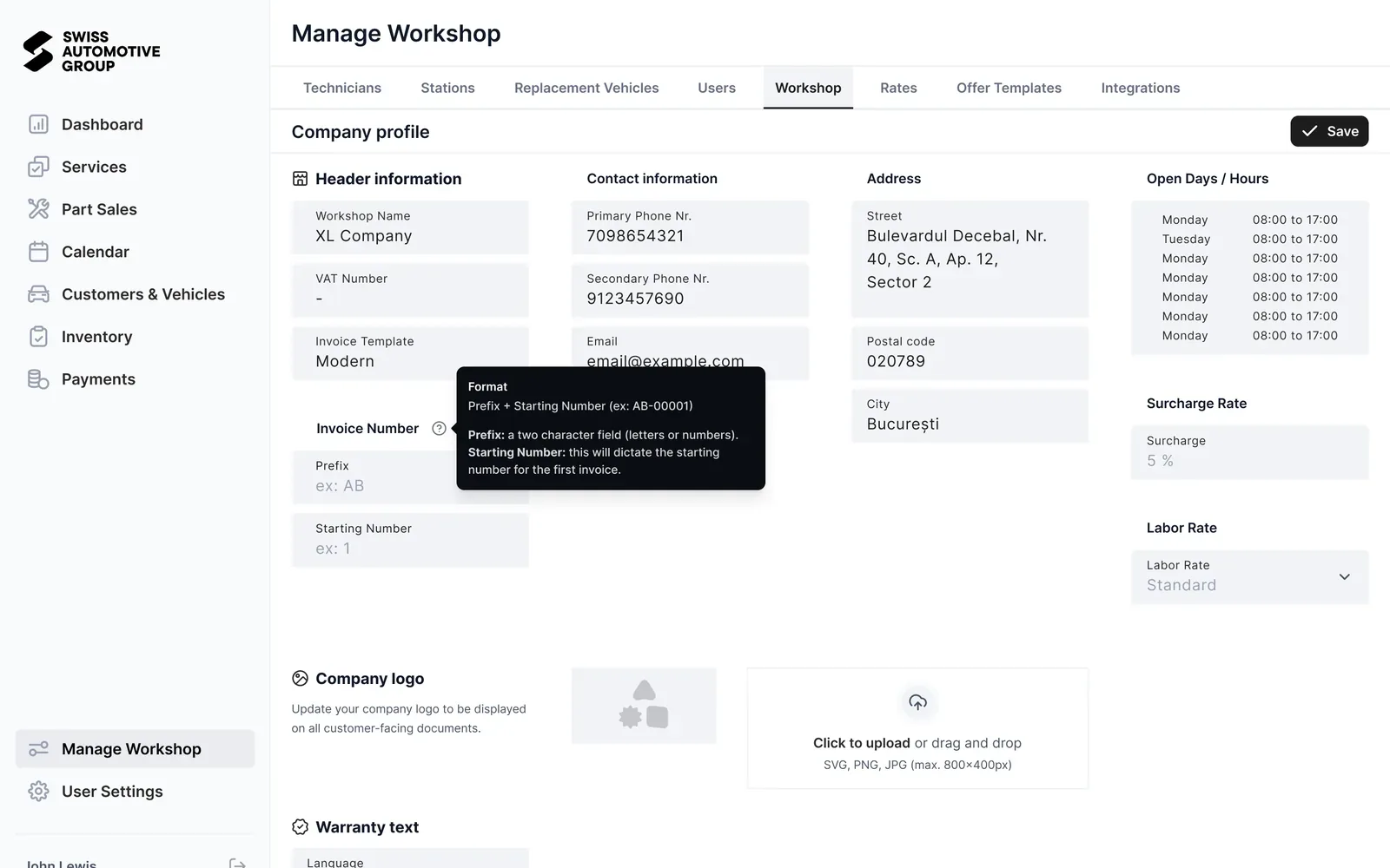 Manage workshop settings: company profile, invoice numbering and opening hours