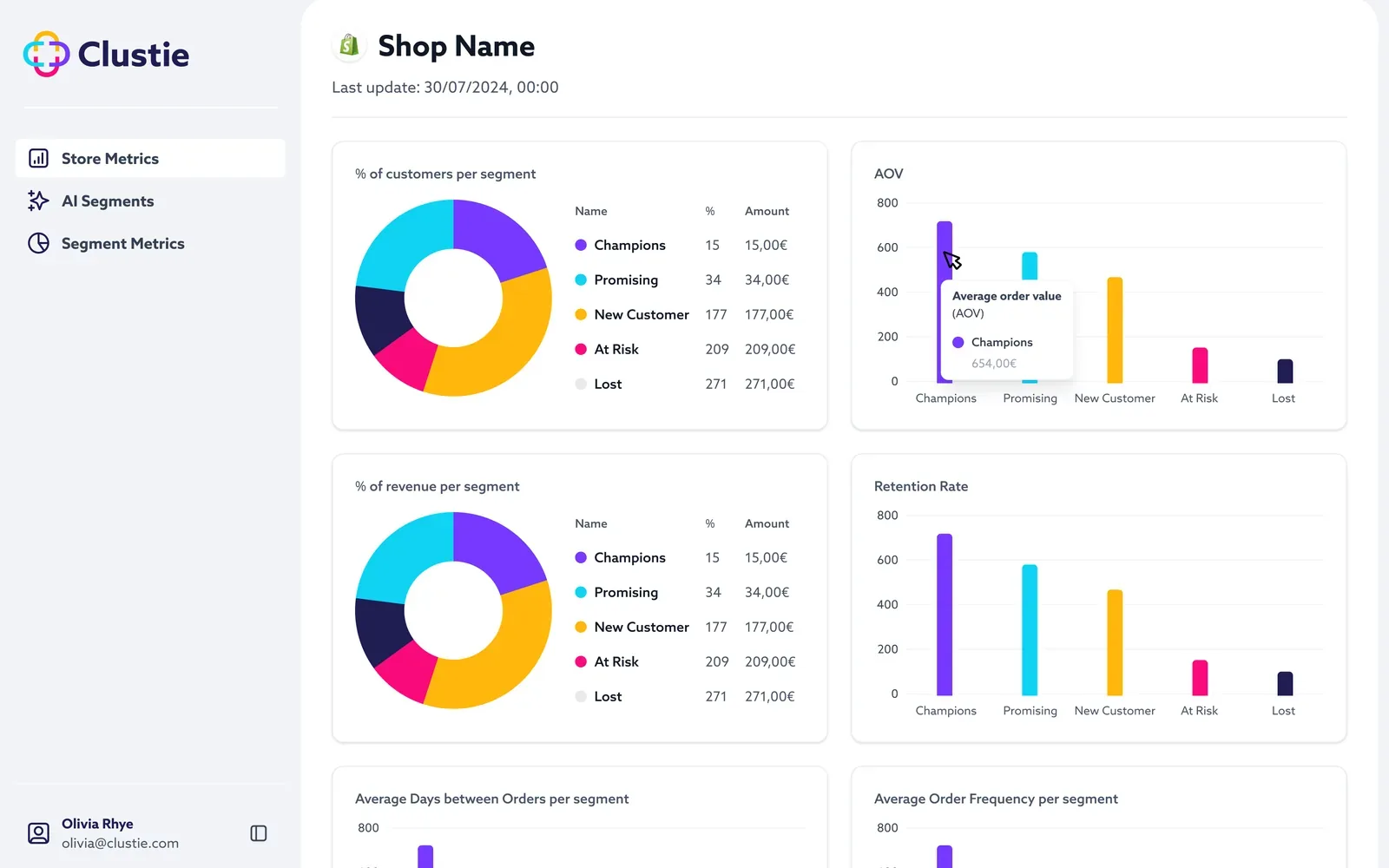 Segment metrics: customers and revenue per segment, average order value and retention charts