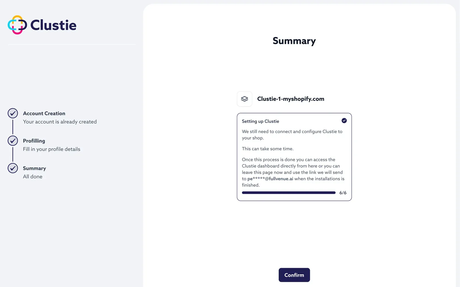 Onboarding summary: account creation, profiling and Shopify store connection