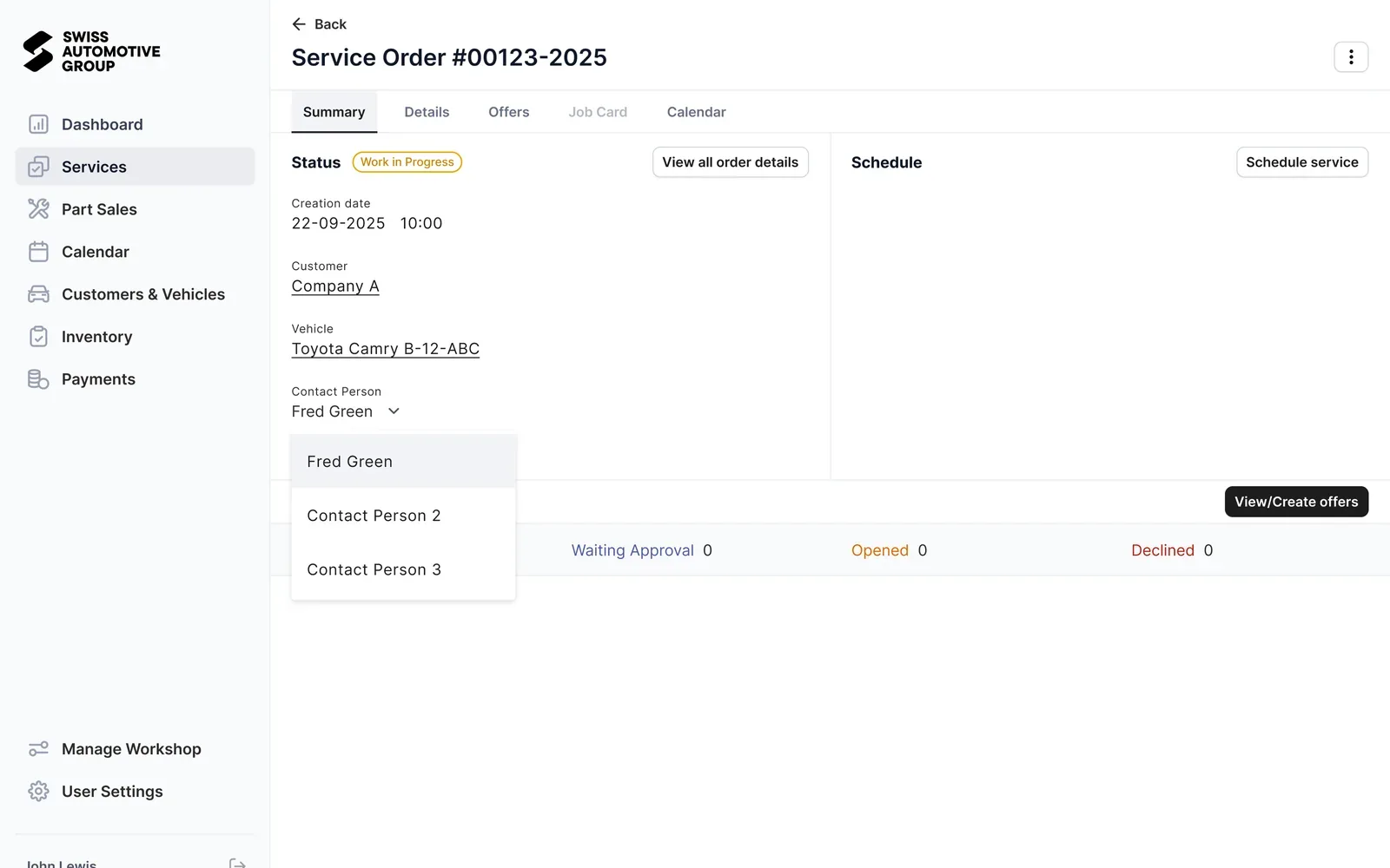 Service order summary with vehicle, contact person, schedule and offer status