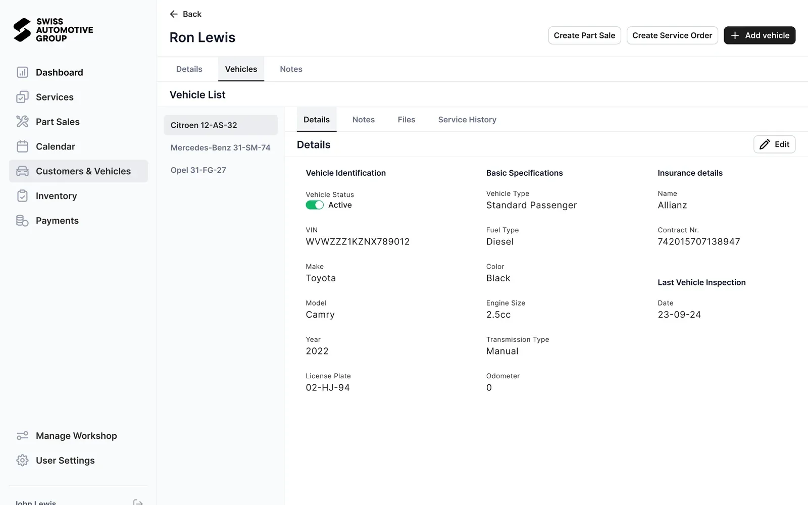 Customer's vehicle profile with identification, specifications and insurance details