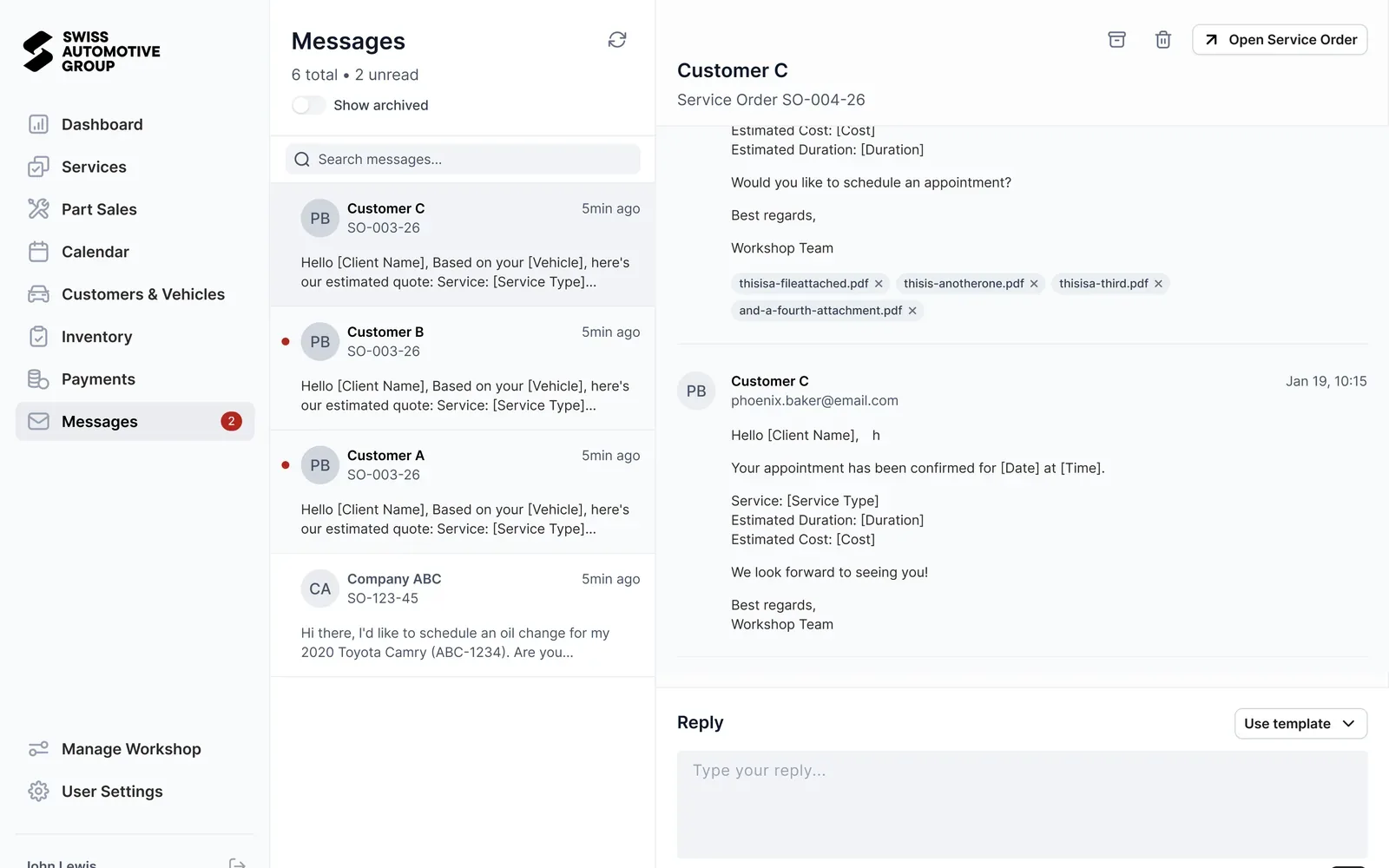 Messaging inbox with a customer conversation about a service order