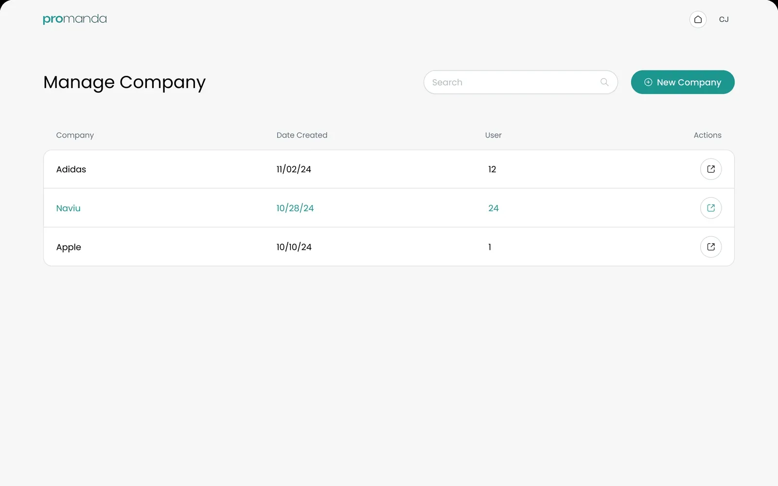 Manage Company table listing client companies, dates and users