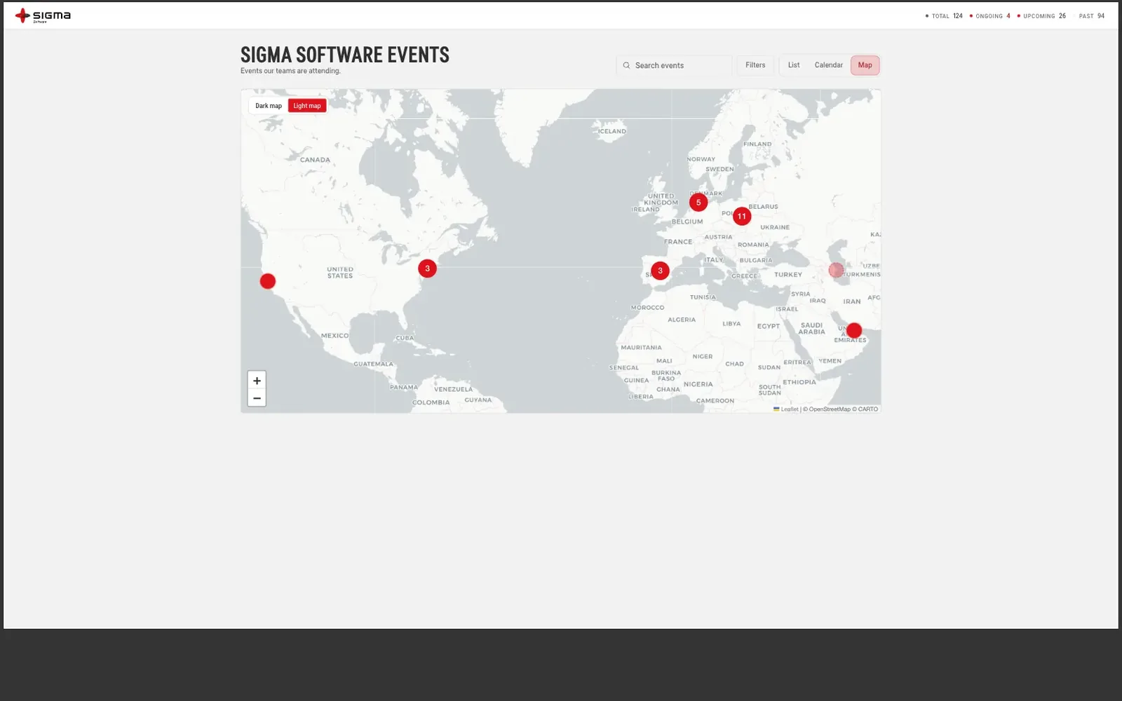 World map view with clustered event markers