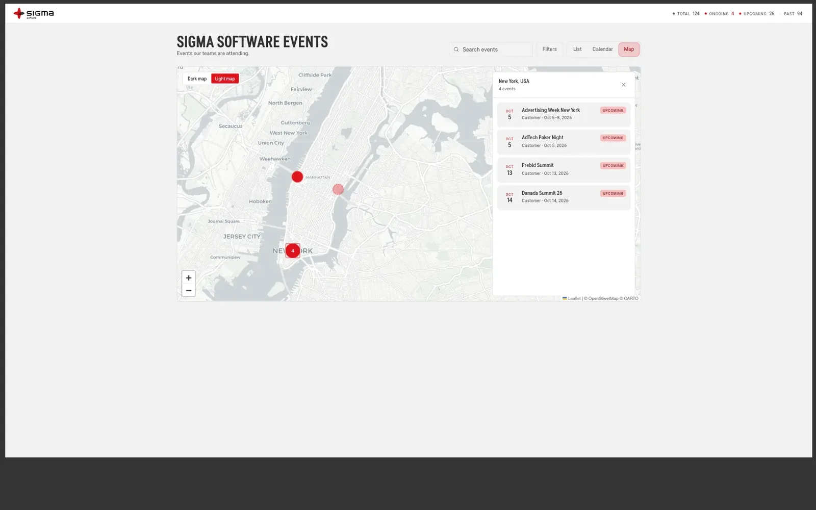 Map zoomed on New York with the events at that location listed beside it