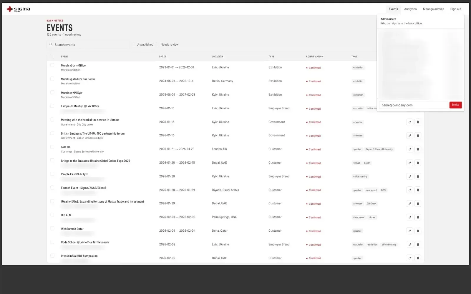 Back office events table with publish status, filters and admin invitations