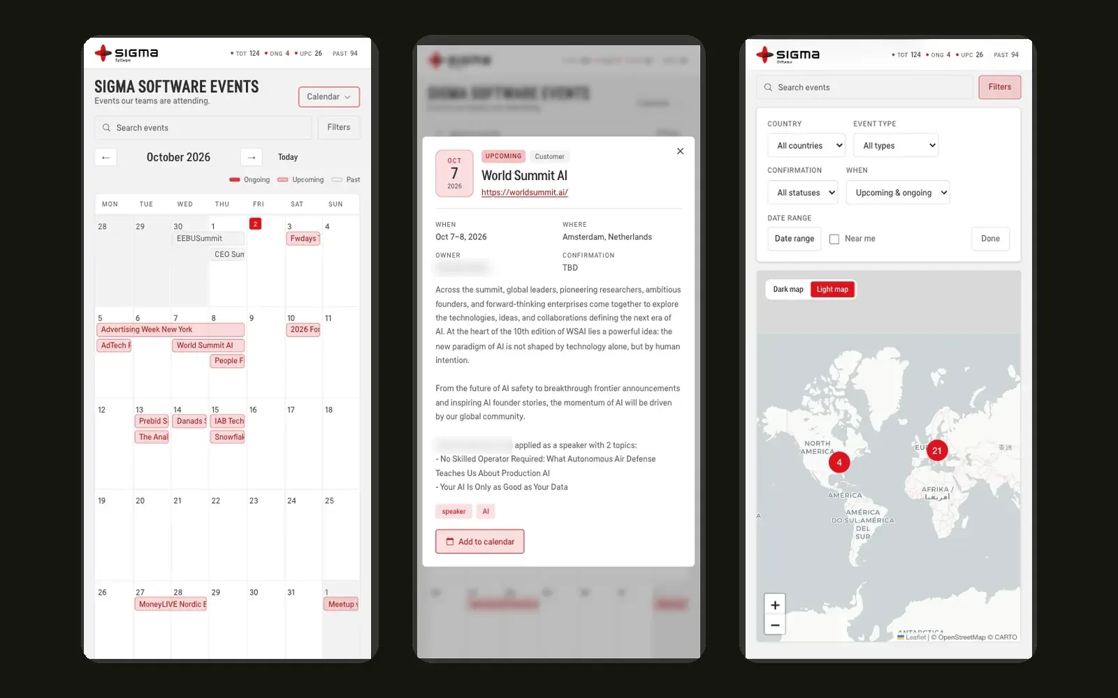 Three phone screens: month calendar, event detail, and filters over the map